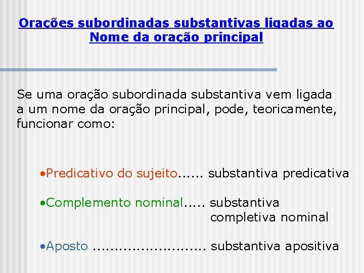 Orações subordinadas substantivas ligadas ao Nome da oração principal Se uma oração subordinada substantiva Orações subordinadas substantivas ligadas ao Nome da oração principal Se uma oração subordinada substantiva