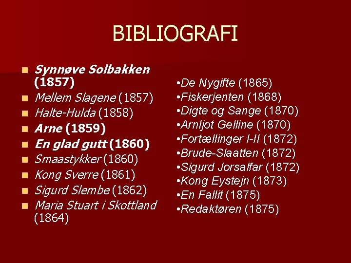 BIBLIOGRAFI n Synnøve Solbakken n Mellem Slagene (1857) Halte-Hulda (1858) Arne (1859) En glad