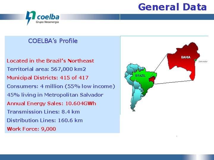 General Data COELBA’s Profile Located in the Brazil’s Northeast Territorial area: 567, 000 km