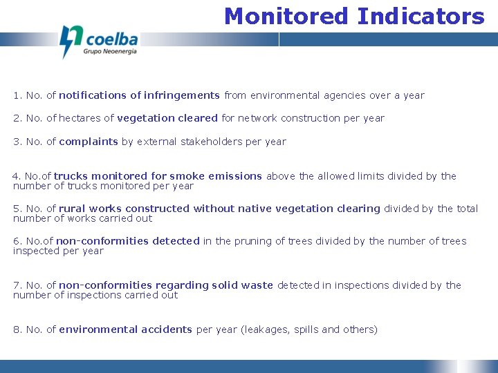 Monitored Indicators 1. No. of notifications of infringements from environmental agencies over a year