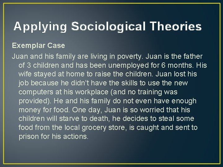 Applying Sociological Theories Exemplar Case Juan and his family are living in poverty. Juan