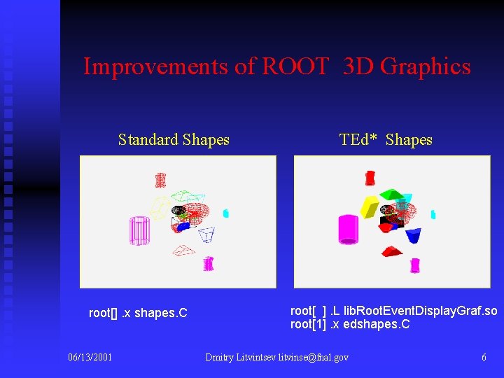 Improvements of ROOT 3 D Graphics Standard Shapes root[]. x shapes. C 06/13/2001 TEd*