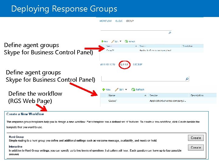 Deploying Response Groups Define agent groups Skype for Business Control Panel) Define the workflow