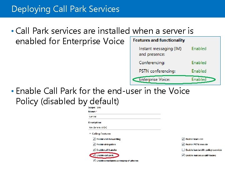 Deploying Call Park Services • Call Park services are installed when a server is