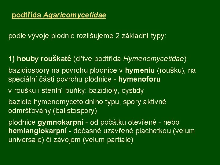 podtřída Agaricomycetidae podle vývoje plodnic rozlišujeme 2 základní typy: 1) houby rouškaté (dříve podtřída