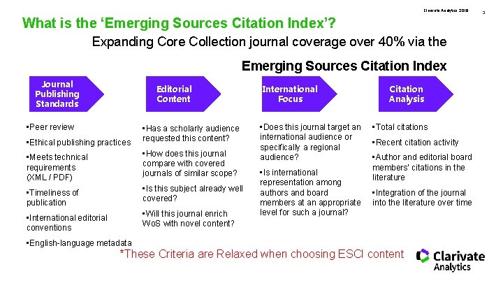 Clarivate Analytics 2018 What is the ‘Emerging Sources Citation Index’? Expanding Core Collection journal