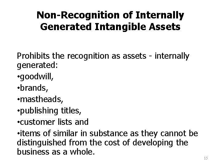 Non-Recognition of Internally Generated Intangible Assets Prohibits the recognition as assets - internally generated: