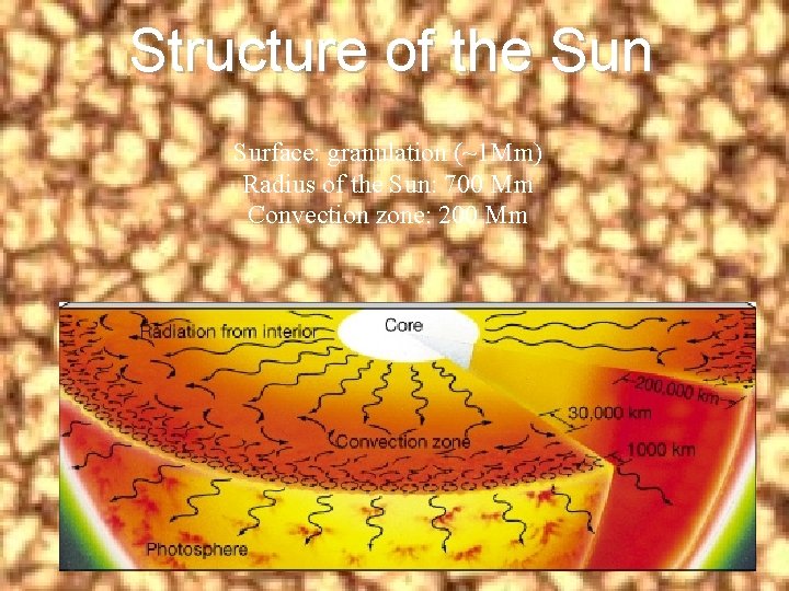 Structure of the Sun Surface: granulation (~1 Mm) Radius of the Sun: 700 Mm