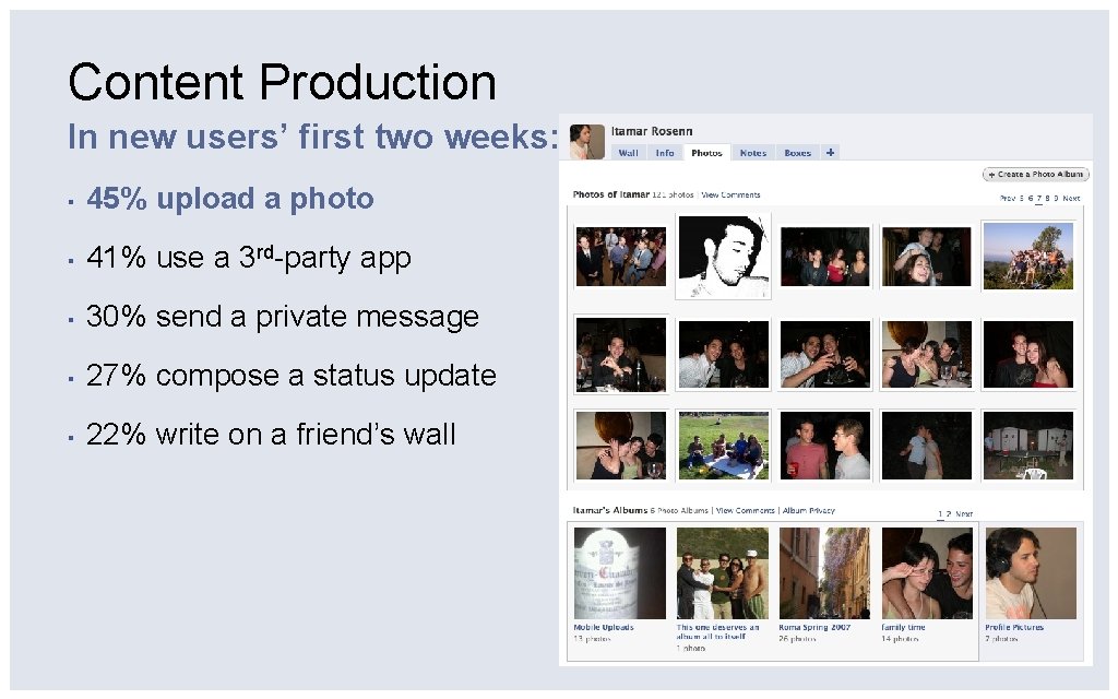 Content Production In new users’ first two weeks: ▪ 45% upload a photo ▪