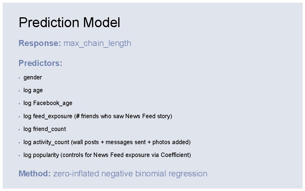 Prediction Model Response: max_chain_length Predictors: ▪ gender ▪ log age ▪ log Facebook_age ▪