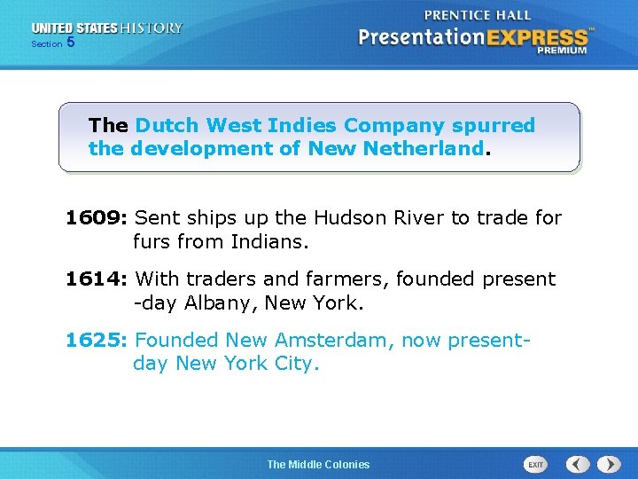 Section 5 The Dutch West Indies Company spurred the development of New Netherland. 1609: