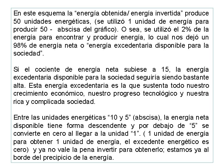 En este esquema la “energía obtenida/ energía invertida” produce 50 unidades energéticas, (se utilizó