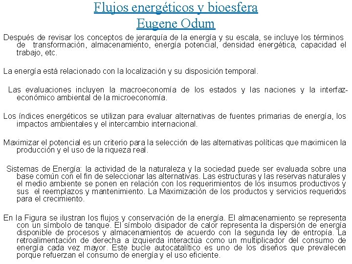 Flujos energéticos y bioesfera Eugene Odum Después de revisar los conceptos de jerarquía de