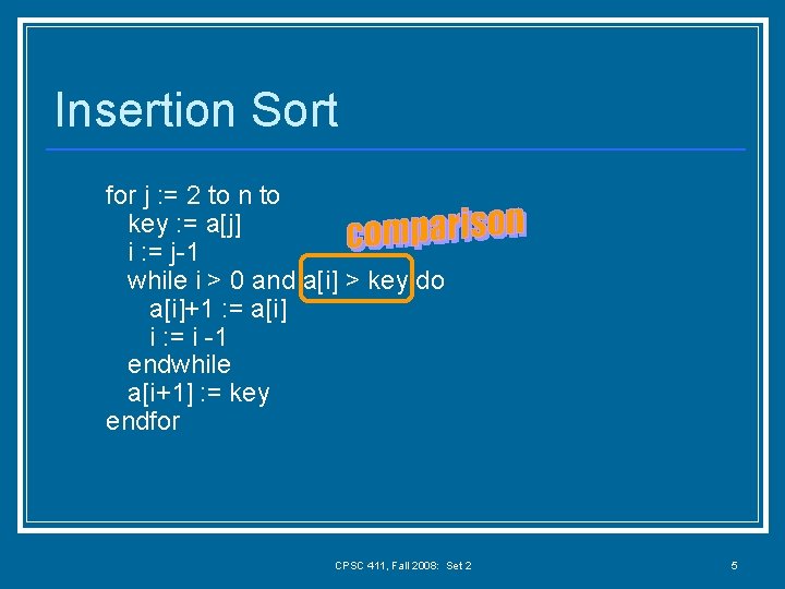 Insertion Sort for j : = 2 to n to key : = a[j]