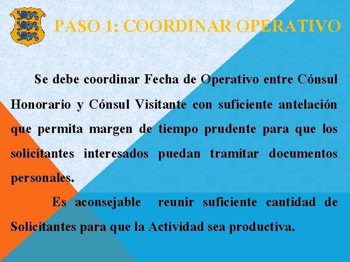 PASO 1: COORDINAR OPERATIVO Se debe coordinar Fecha de Operativo entre Cónsul Honorario y