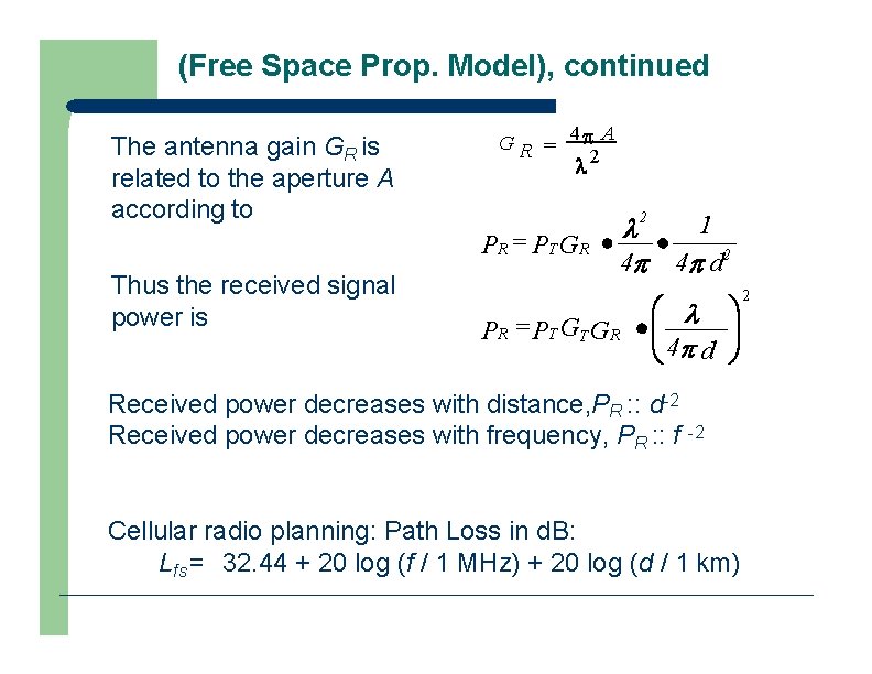 (Free Space Prop. Model), continued The antenna gain GR is related to the aperture