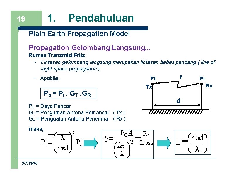 1. 19 Pendahuluan Plain Earth Propagation Model Propagation Gelombang Langsung. . . Rumus Transmisi