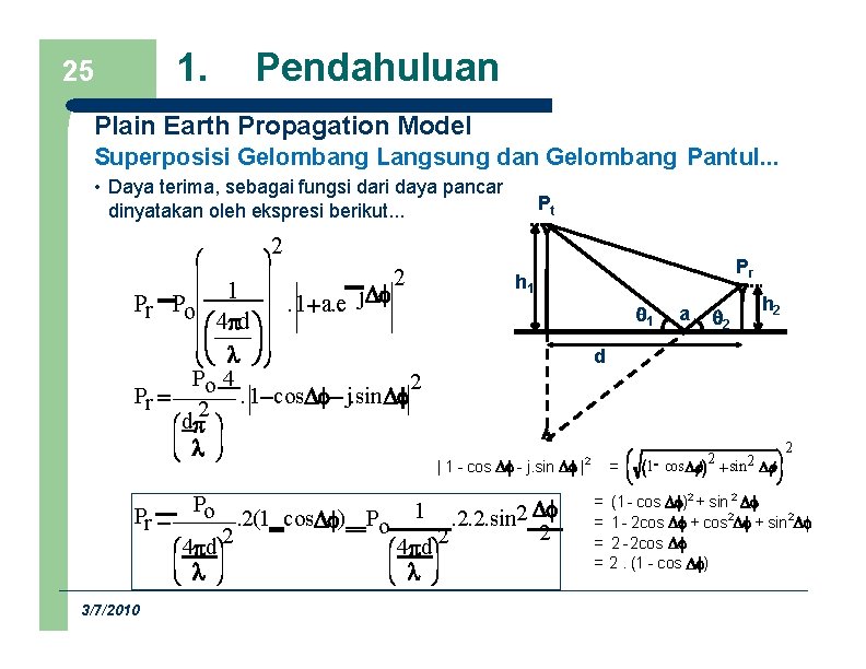 1. 25 Pendahuluan Plain Earth Propagation Model Superposisi Gelombang Langsung dan Gelombang Pantul. .