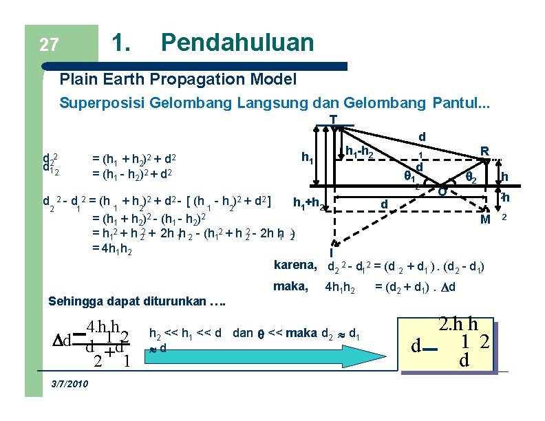 1. 27 Pendahuluan Plain Earth Propagation Model Superposisi Gelombang Langsung dan Gelombang Pantul. .