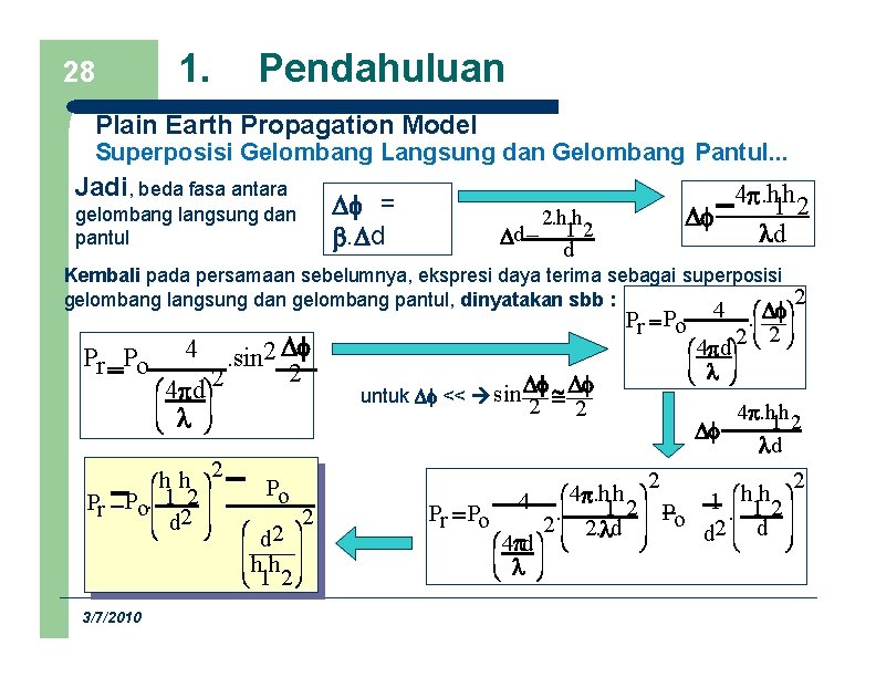 28 1. Pendahuluan Plain Earth Propagation Model Superposisi Gelombang Langsung dan Gelombang Pantul. .