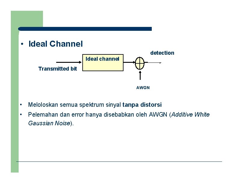  • Ideal Channel detection Ideal channel Transmitted bit AWGN • Meloloskan semua spektrum