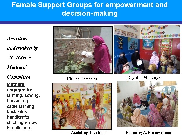 Female Support Groups for empowerment and decision-making Activities undertaken by “SANJH “ Mothers’ Committee