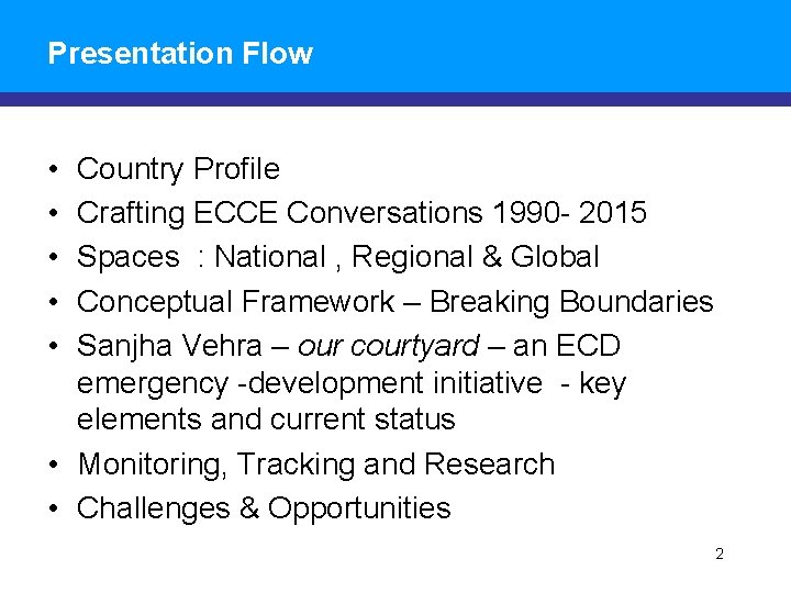 Presentation Flow • • • Country Profile Crafting ECCE Conversations 1990 - 2015 Spaces