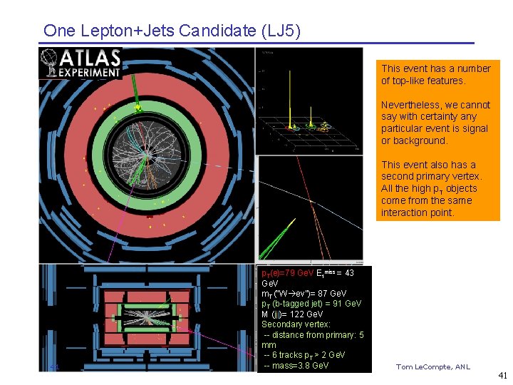 One Lepton+Jets Candidate (LJ 5) This event has a number of top-like features. Nevertheless,