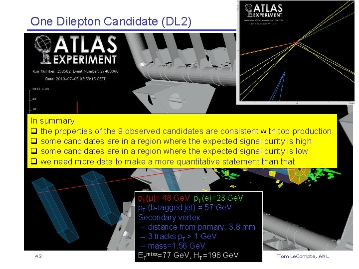 One Dilepton Candidate (DL 2) In summary: q the properties of the 9 observed
