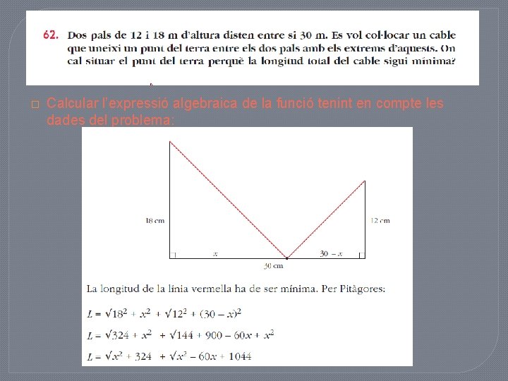 � Calcular l’expressió algebraica de la funció tenint en compte les dades del problema: