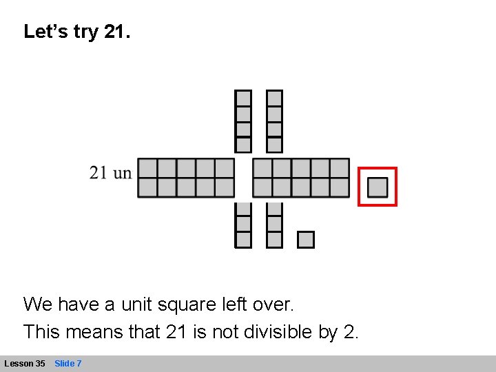 Let’s try 21. We have a unit square left over. This means that 21