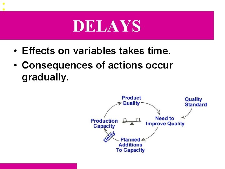 DELAYS • Effects on variables takes time. • Consequences of actions occur gradually. 