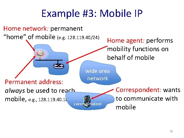 Example #3: Mobile IP Home network: permanent “home” of mobile (e. g. 128. 119.