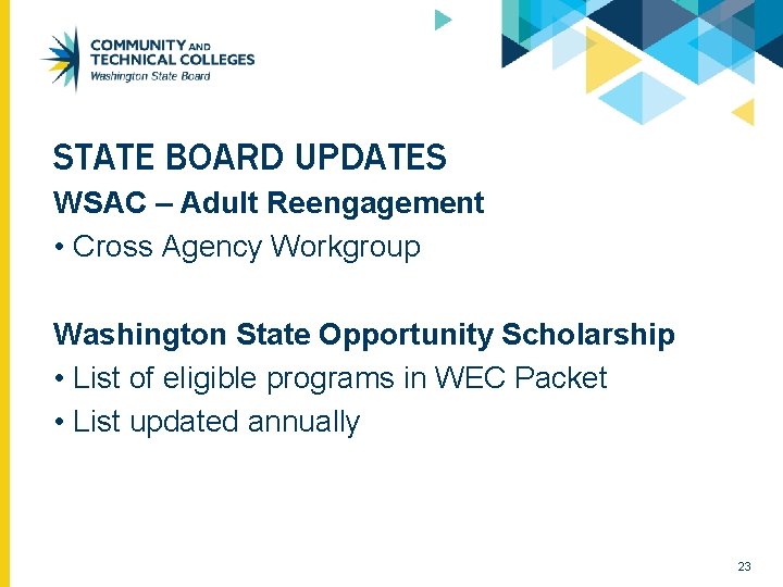 STATE BOARD UPDATES WSAC – Adult Reengagement • Cross Agency Workgroup Washington State Opportunity