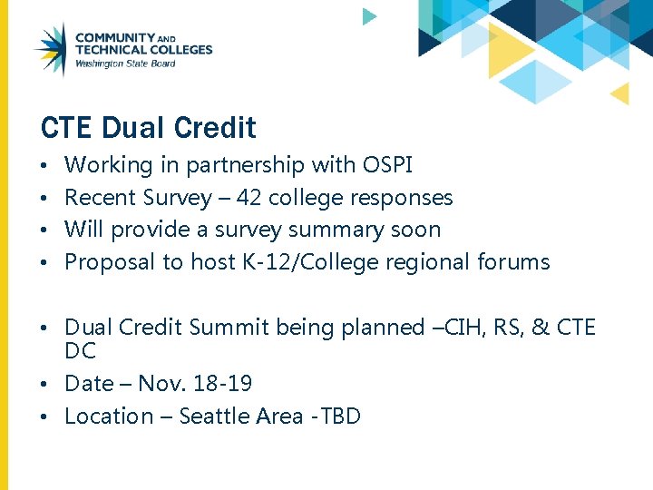CTE Dual Credit • • Working in partnership with OSPI Recent Survey – 42