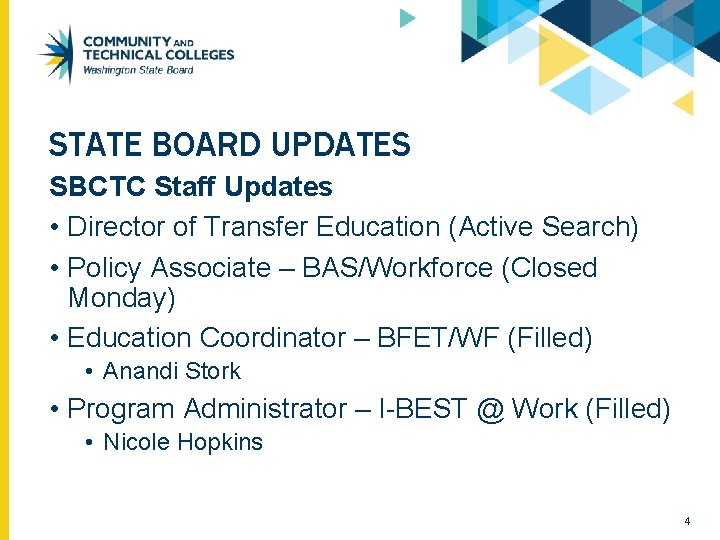 STATE BOARD UPDATES SBCTC Staff Updates • Director of Transfer Education (Active Search) •