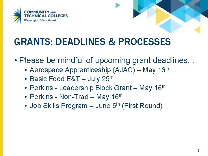 GRANTS: DEADLINES & PROCESSES • Please be mindful of upcoming grant deadlines… • •