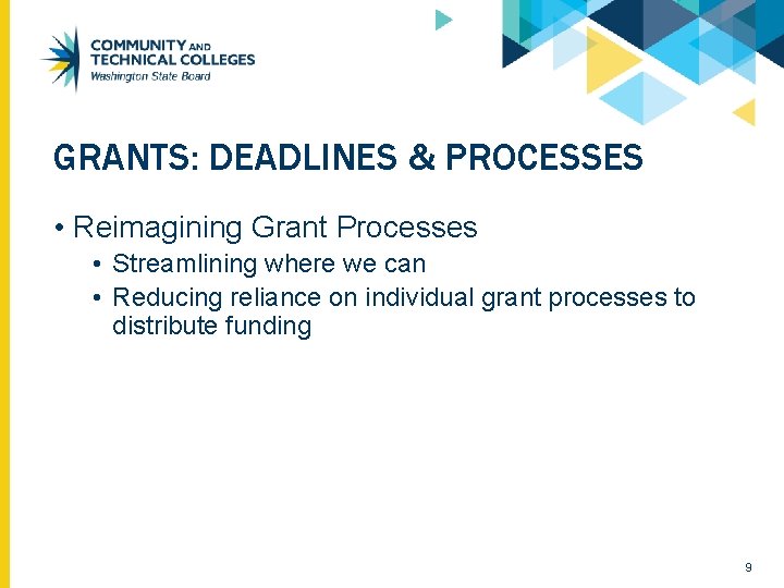 GRANTS: DEADLINES & PROCESSES • Reimagining Grant Processes • Streamlining where we can •