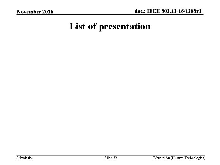 doc. : IEEE 802. 11 -16/1288 r 1 November 2016 List of presentation Submission