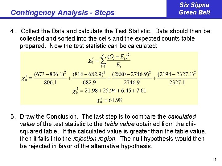 Contingency Analysis - Steps Six Sigma Green Belt 4. Collect the Data and calculate