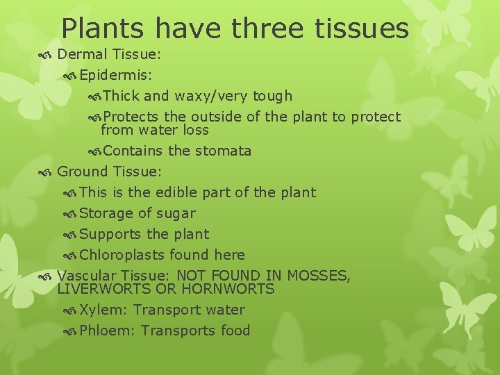 Plants have three tissues Dermal Tissue: Epidermis: Thick and waxy/very tough Protects the outside