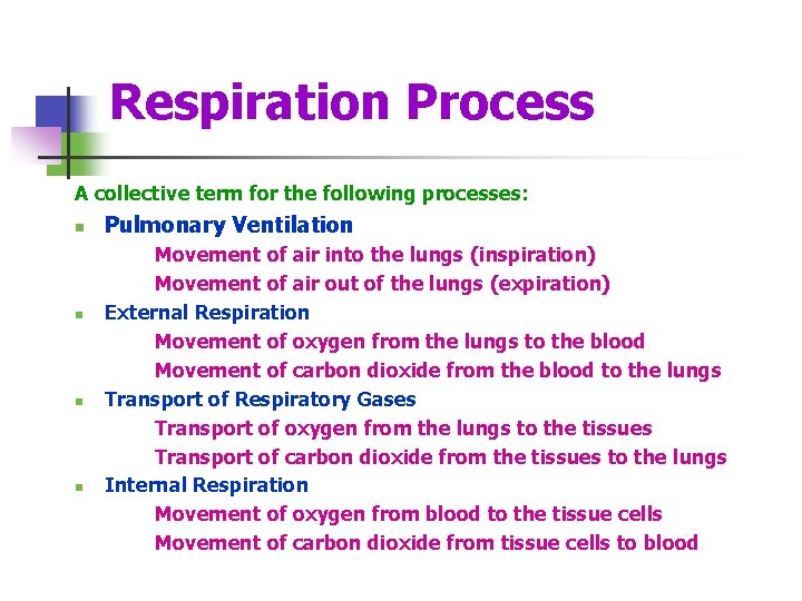 Respiration Process A collective term for the following processes: n Pulmonary Ventilation Movement of