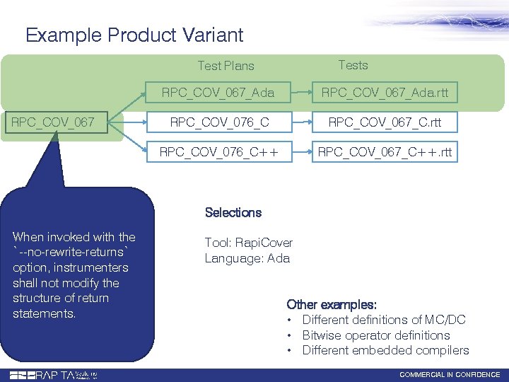 Example Product Variant Tests Test Plans RPC_COV_067_Ada. rtt RPC_COV_076_C RPC_COV_067_C. rtt RPC_COV_076_C++ RPC_COV_067_C++. rtt