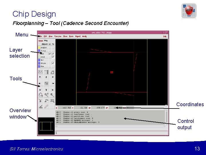 Chip Design Floorplanning – Tool (Cadence Second Encounter) Menu Layer selection Tools Coordinates Overview