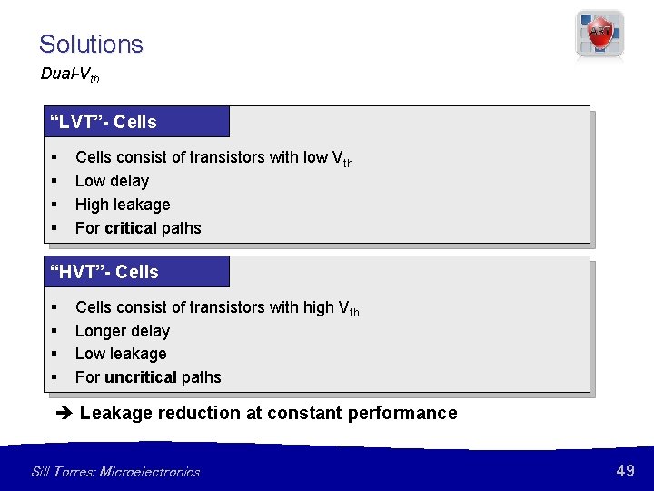 Solutions Dual-Vth “LVT”- Cells § § Cells consist of transistors with low Vth Low