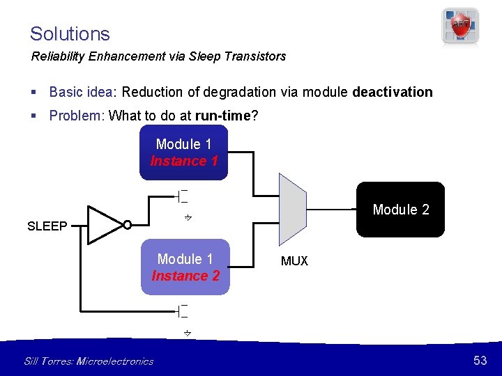 Solutions Reliability Enhancement via Sleep Transistors § Basic idea: Reduction of degradation via module