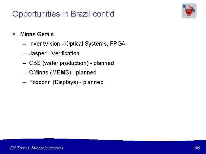 Opportunities in Brazil cont’d § Minas Gerais – Invent. Vision - Optical Systems, FPGA