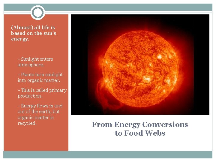(Almost) all life is based on the sun’s energy. § - Sunlight enters atmosphere.
