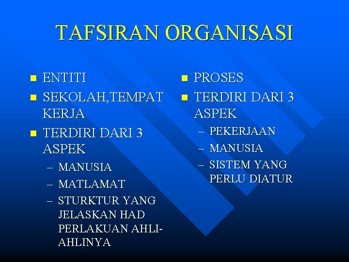 TAFSIRAN ORGANISASI n n n ENTITI SEKOLAH, TEMPAT KERJA TERDIRI DARI 3 ASPEK –