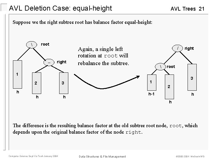 AVL Deletion Case: equal-height AVL Trees 21 Suppose we the right subtree root has